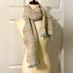 PRANA Chic Wool Grey‎ and White Plaid Scarf with Fringe